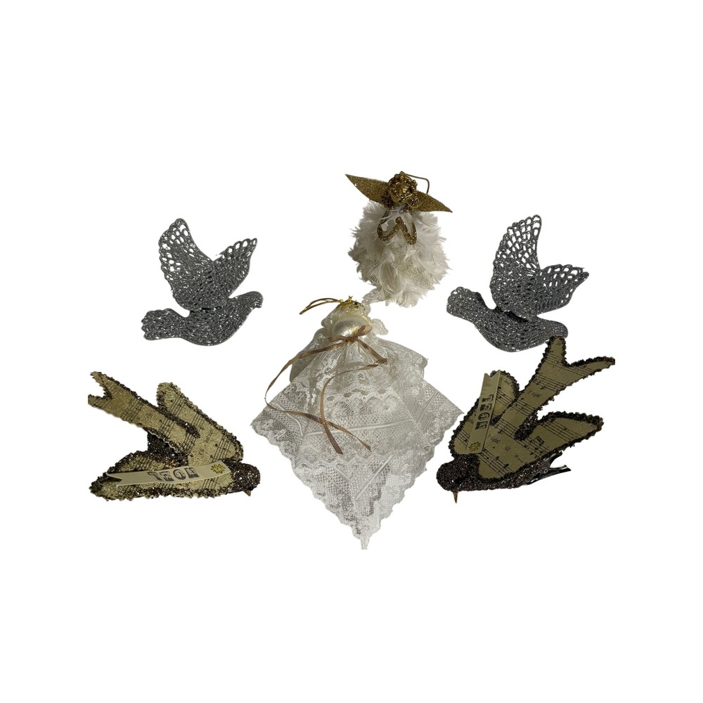 Set of 6 Glittery Angel and Dove Ornaments Christmas Tree Holiday Decor vintage